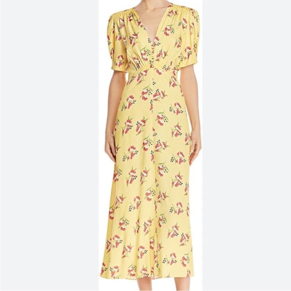 Jill Stuart Lemon Floral V-Neck Short Sleeve High Waist Flare Dress. Size 8. - Picture 1 of 6
